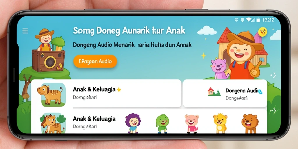 Screenshot aplikasi SP212 menunjukkan antarmuka yang ramah anak dengan berbagai pilihan dongeng.